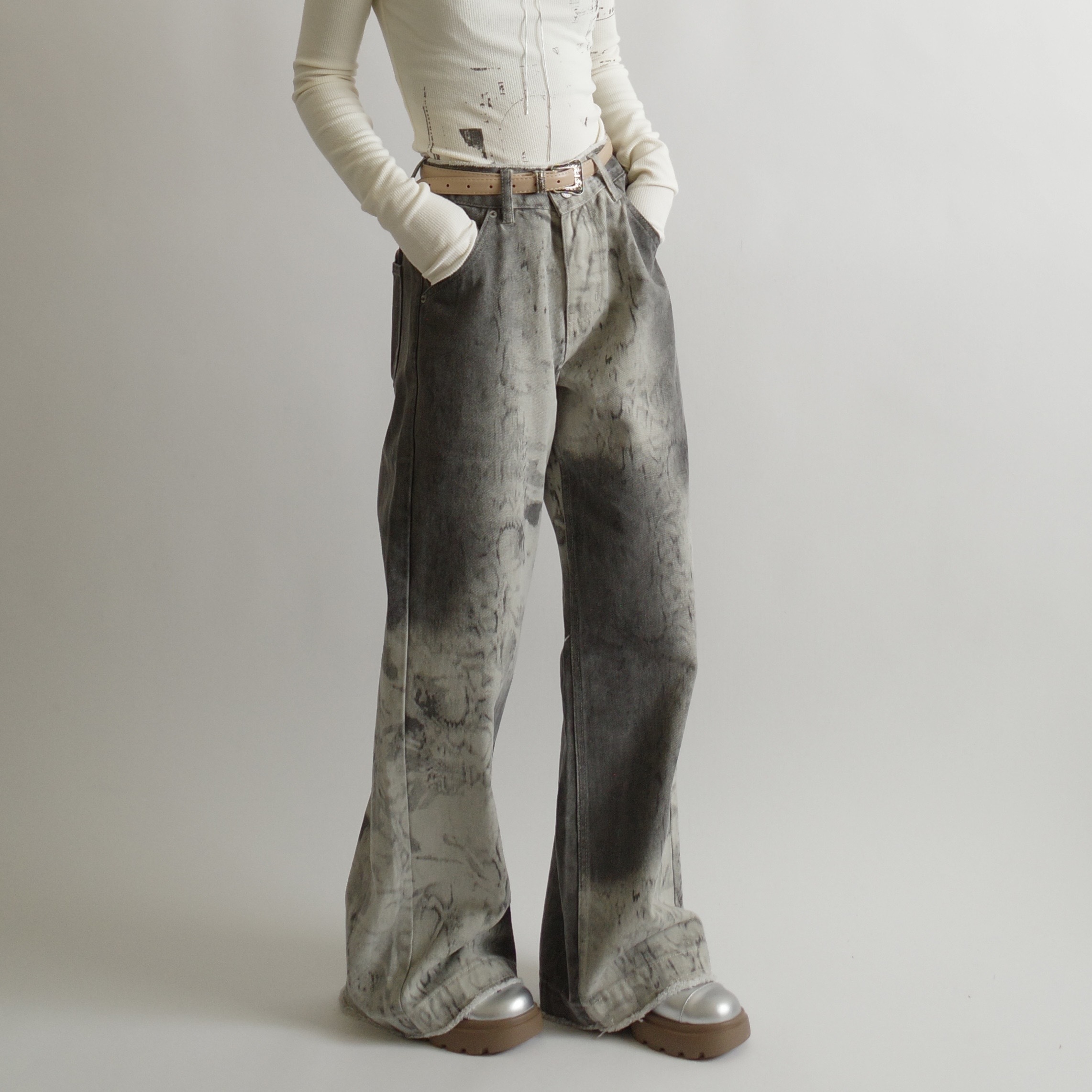 蛇麟墨染灰白漸層牛仔褲