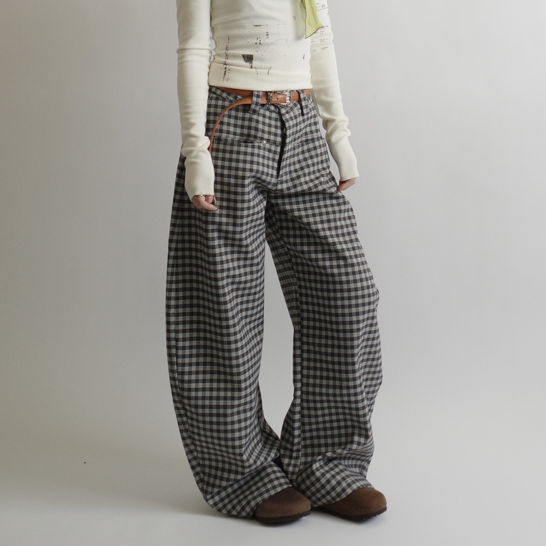 黑白格西裝彎刀褲1