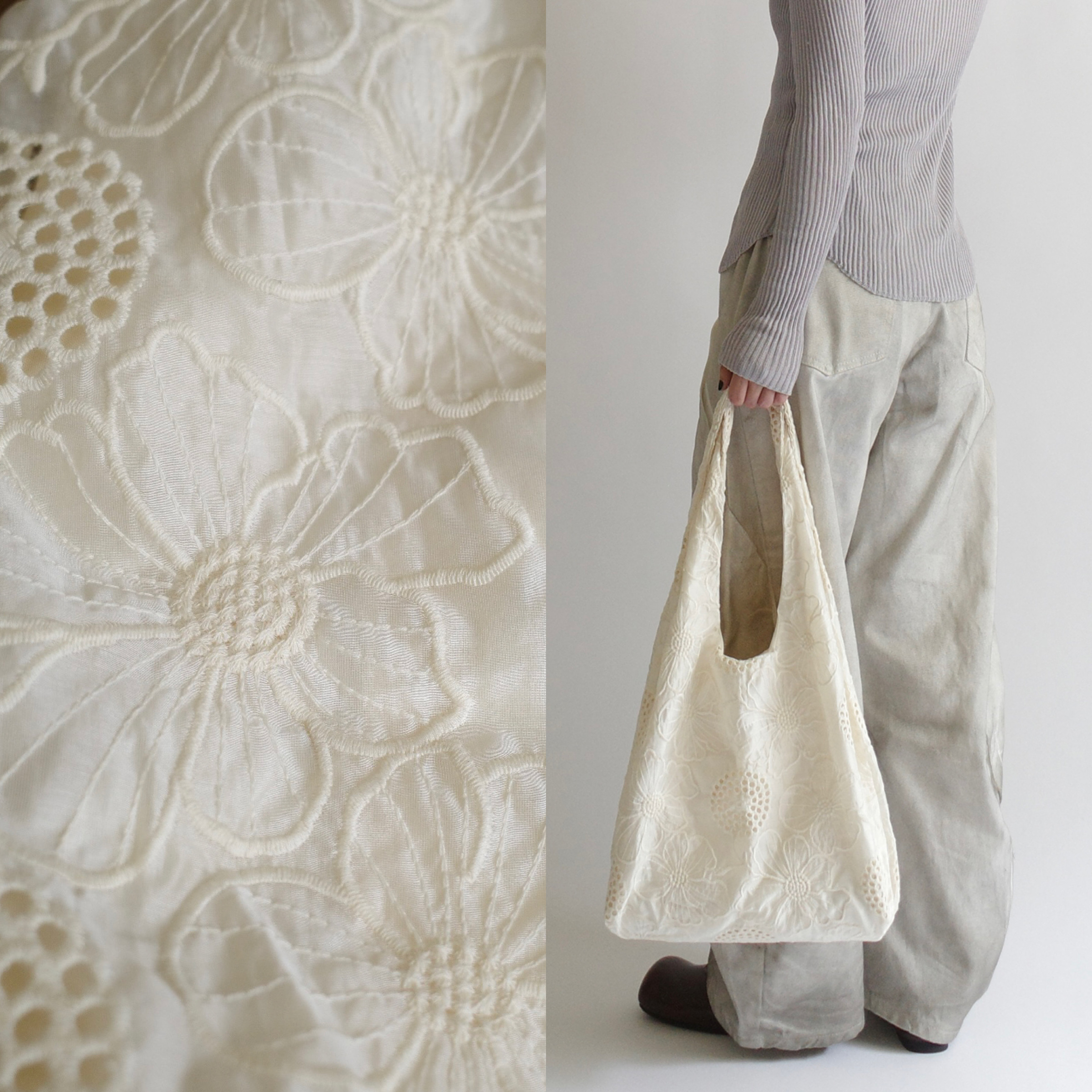 米白蕾絲刺繡花布包