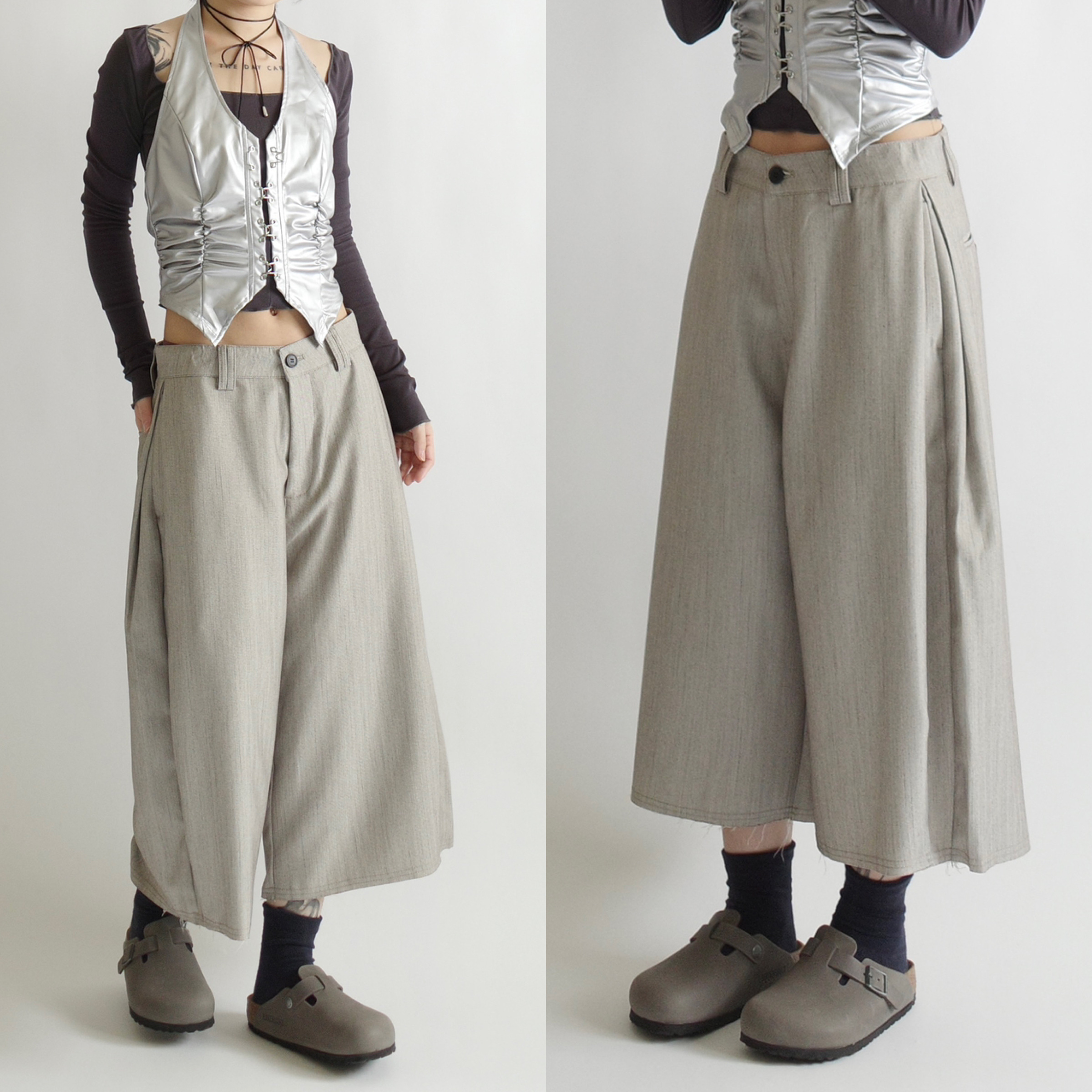 米灰直影紋薄西裝七分褲