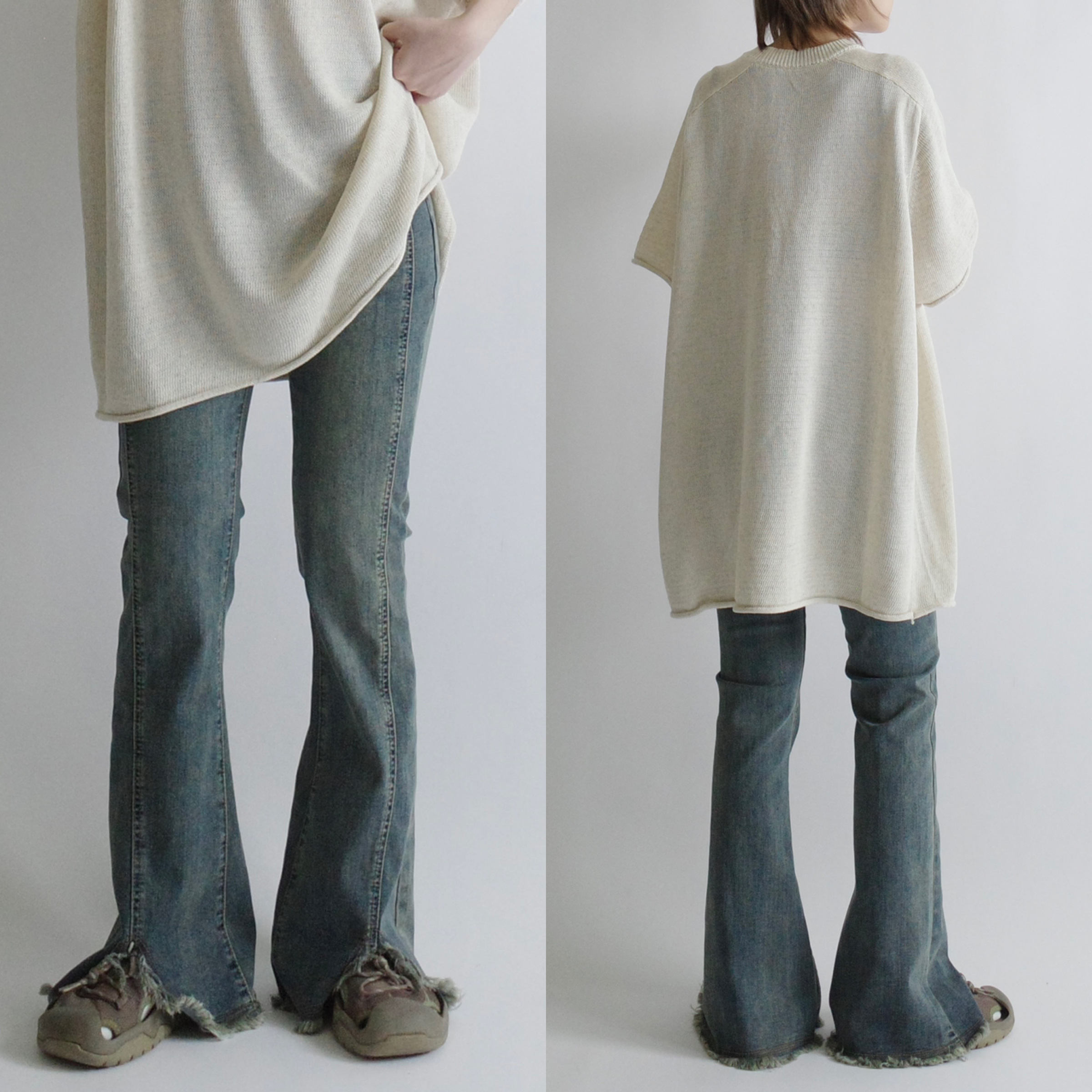 開衩毛邊喇叭牛仔褲