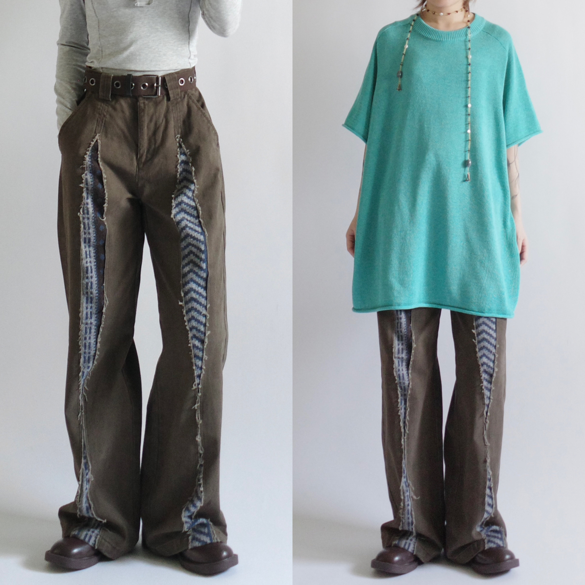 條紋菱磚咖綠牛仔褲