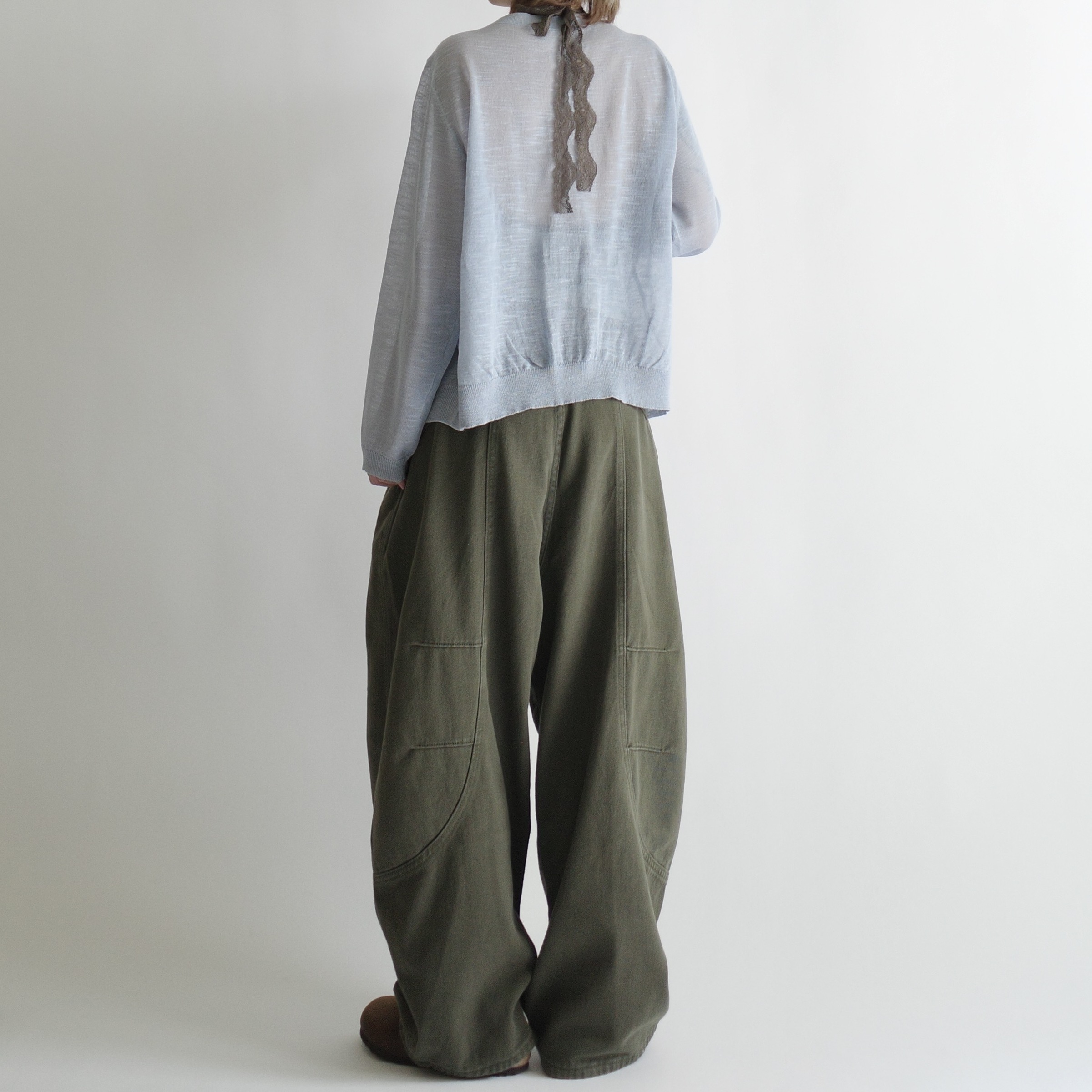 水藍線條花亞麻薄透長袖3