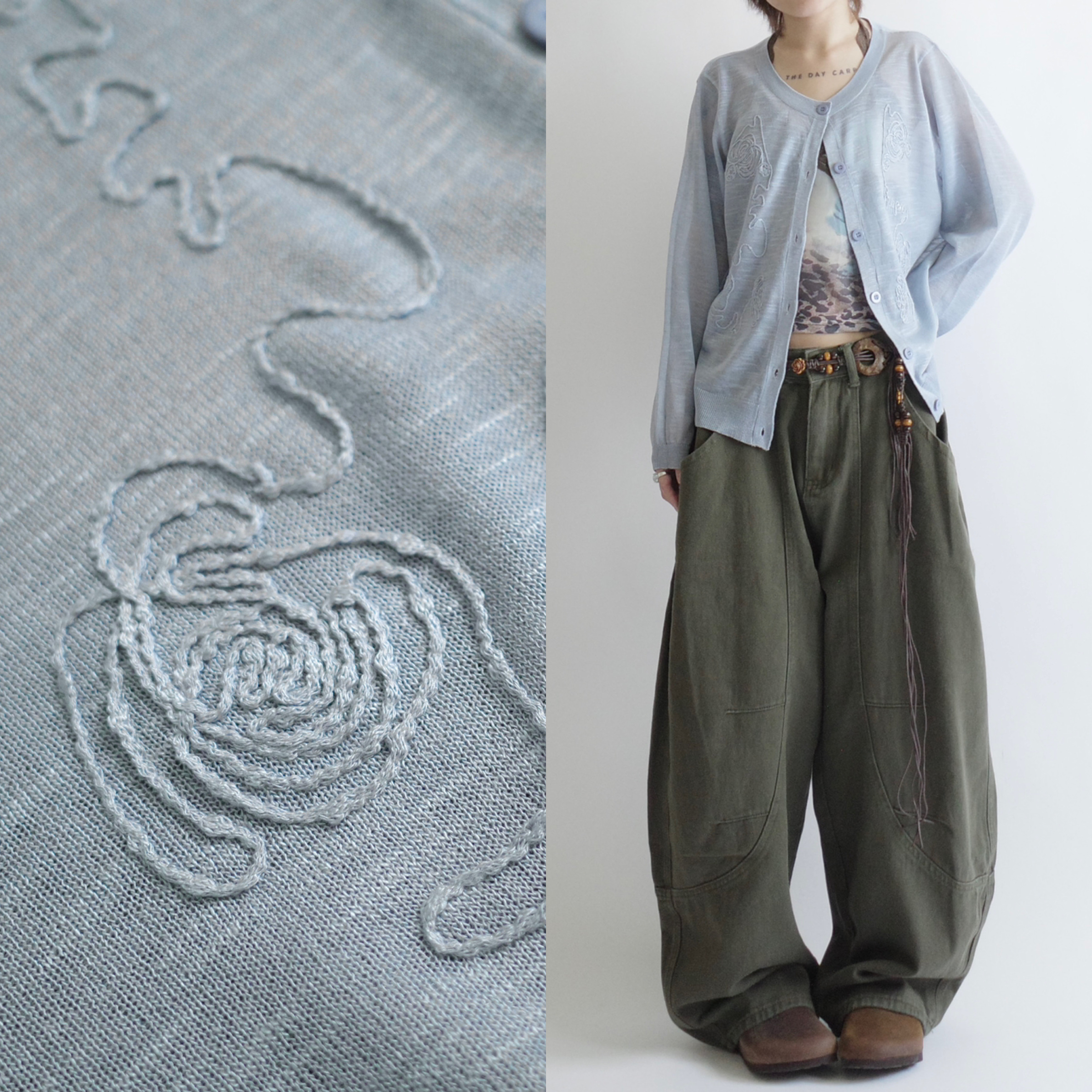 水藍線條花亞麻薄透長袖