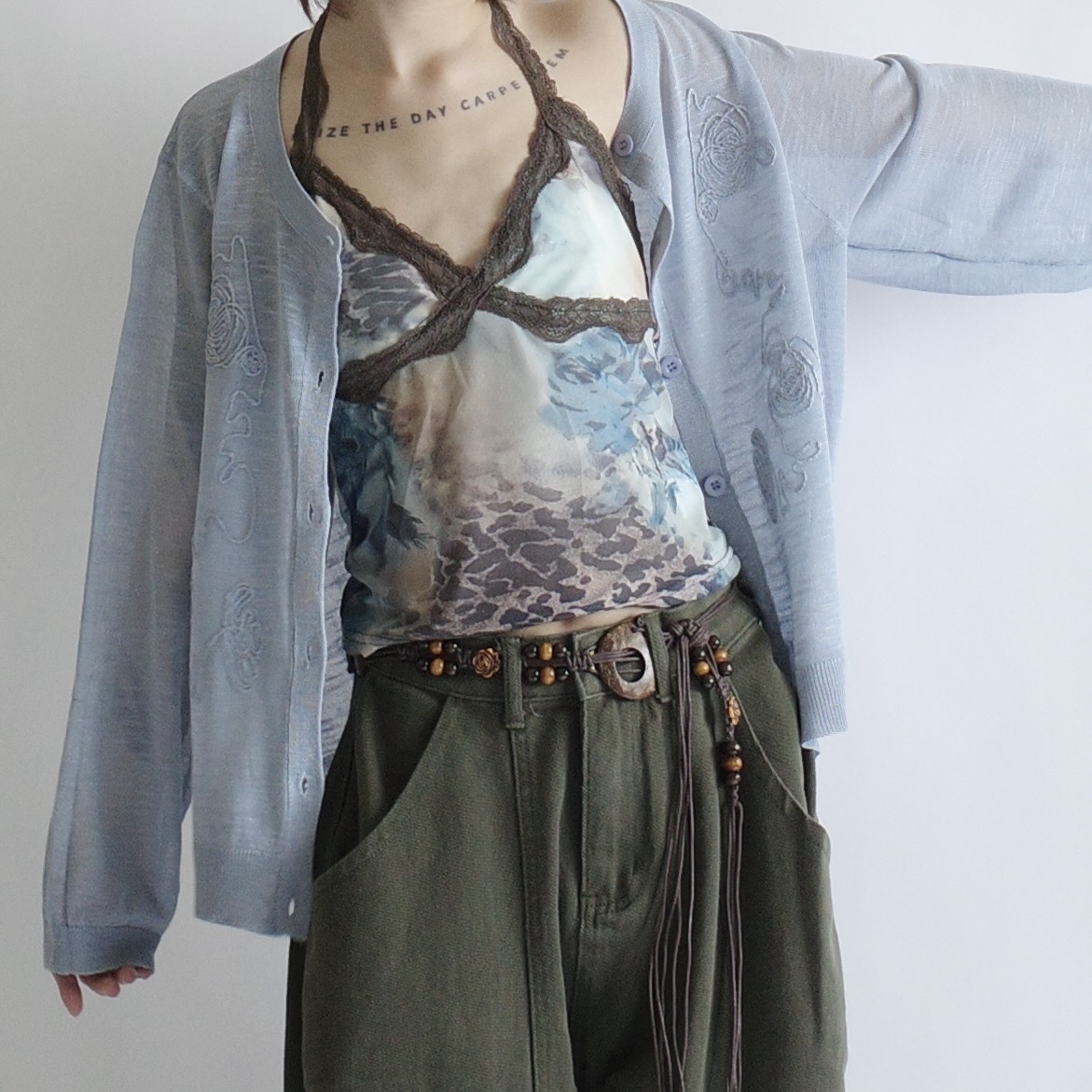 森系豹紋蕾絲掛脖背心1