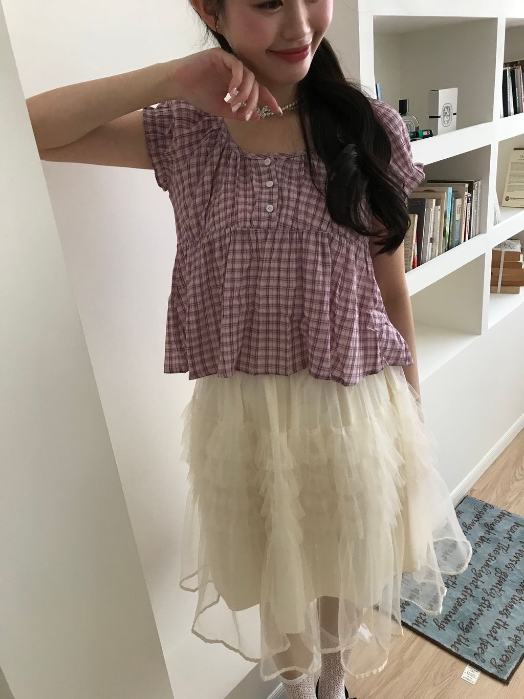 莓果粉格紋上衣2