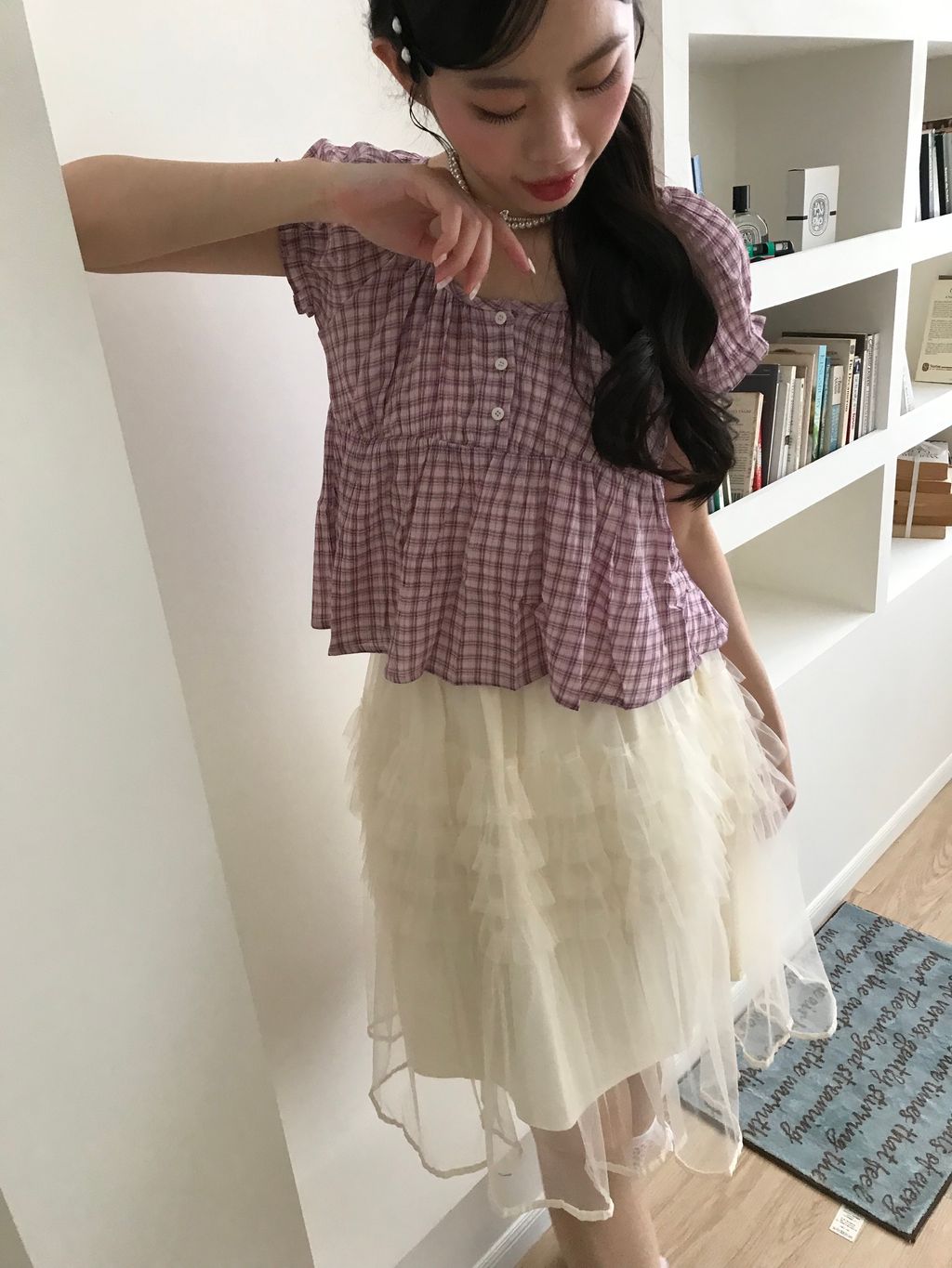 莓果粉格紋上衣3