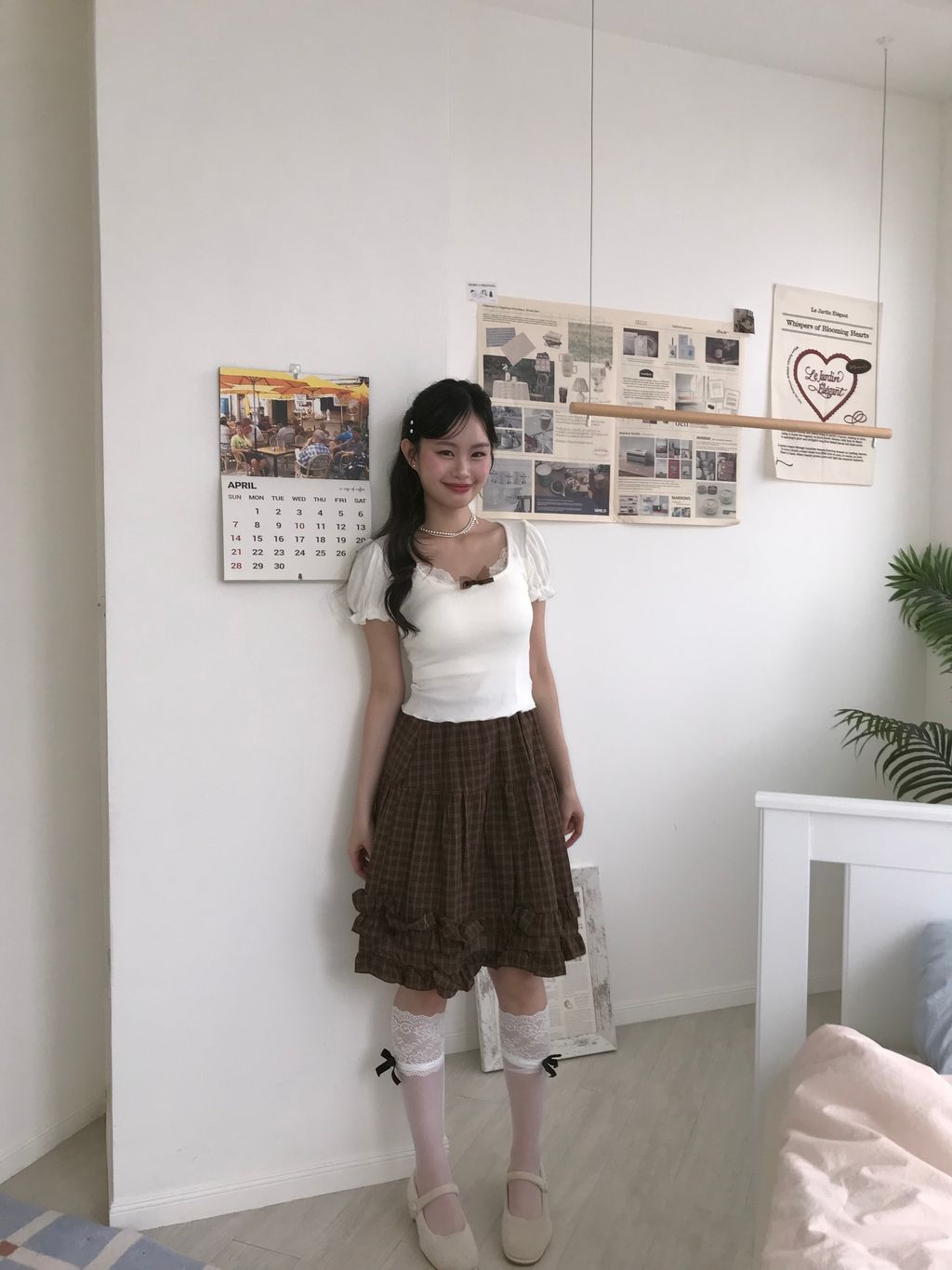米白小短袖蝴蝶結上衣1
