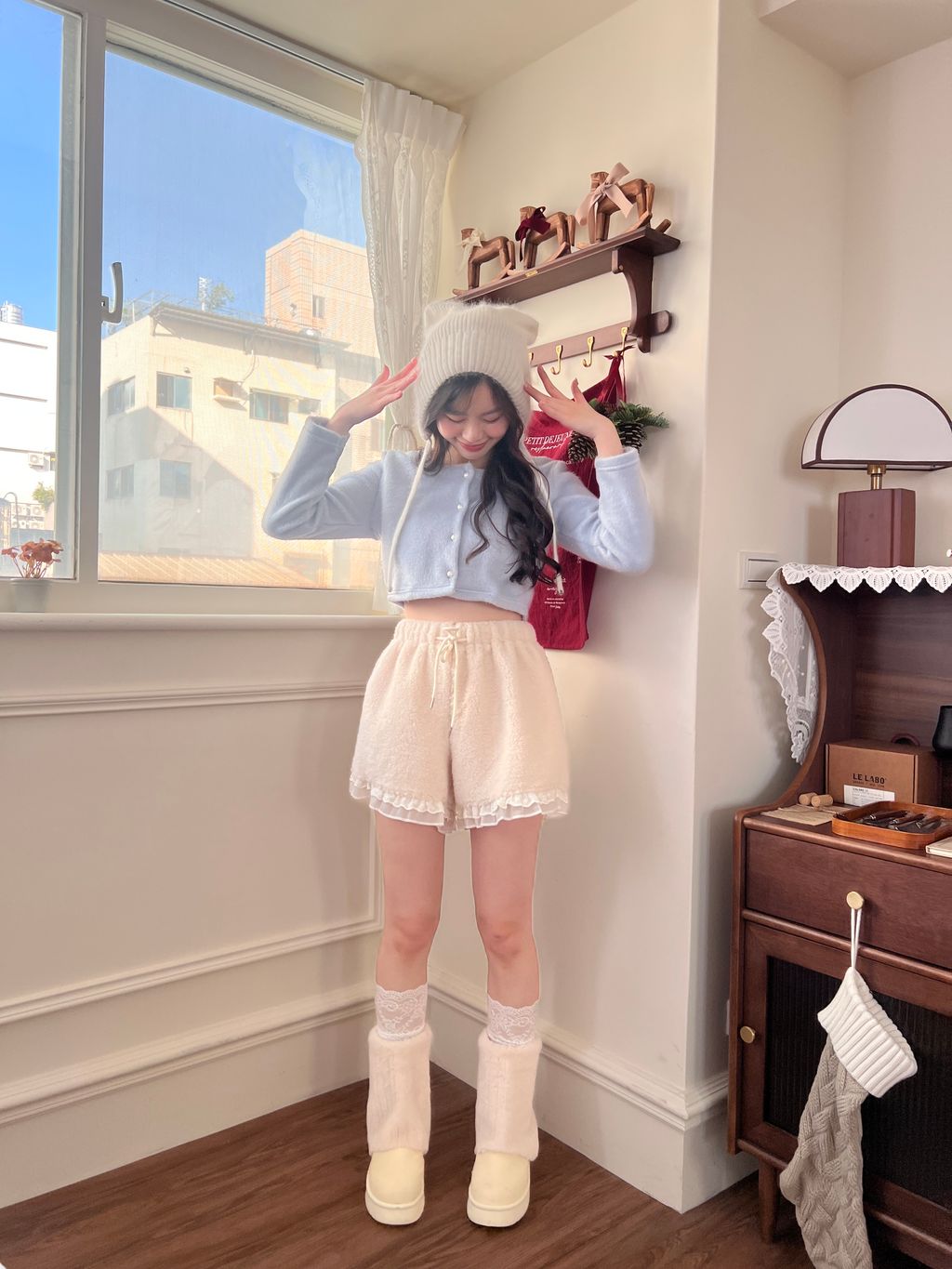 韓國方領毛絨上衣5