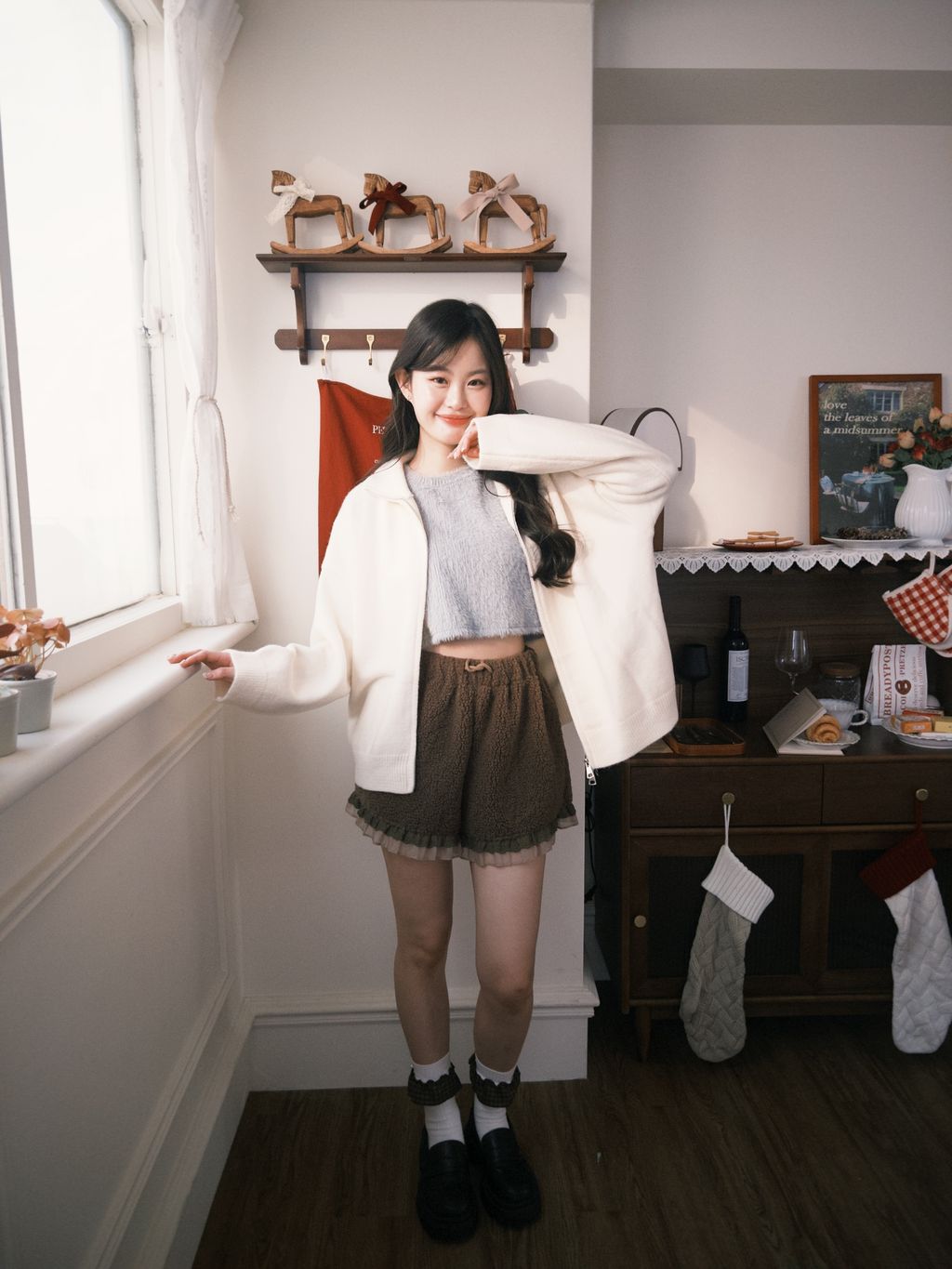 拉鍊針織外套 米白色3