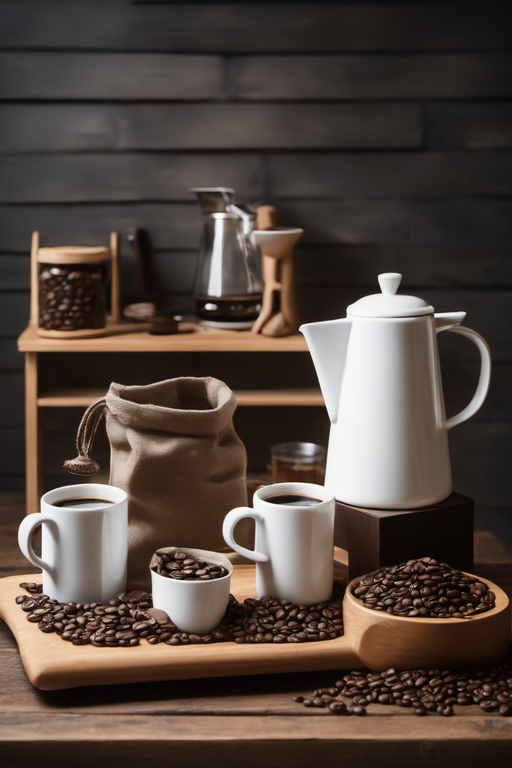 white-ceramic-coffee-pot-and-mugs-resting-on-a-wooden-coffee-bar-with-an-open-bag-of-coffee-beans-b-
