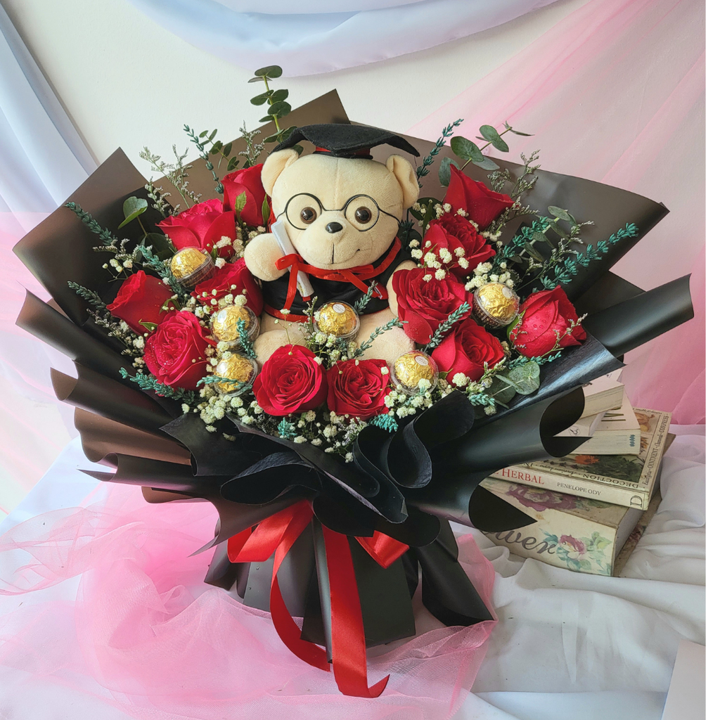Graduation bouquet with bear ferrero lavender ss2-flower-florist-florist-online-flower-delivery-kl-flower-petaling-jaya-florist-bouquet-red-rose