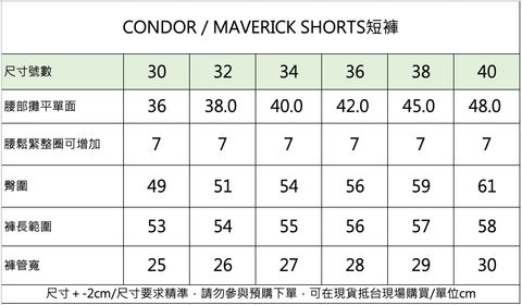 condor maverick短褲 尺寸表_0