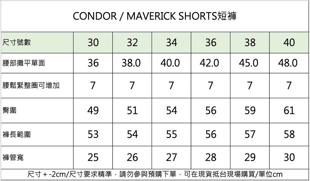 condor maverick短褲 尺寸表_0