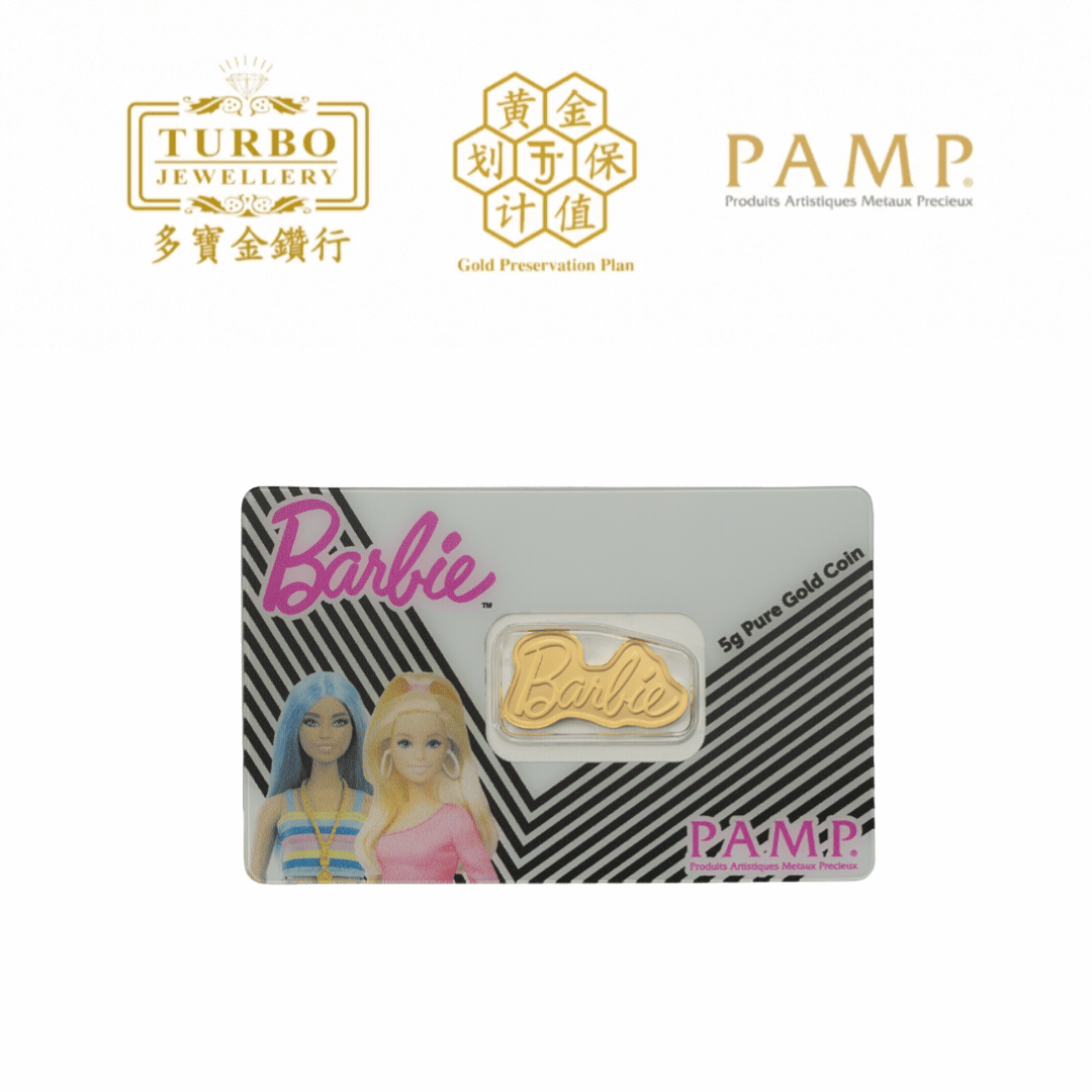 PAMP Iconic Barbie Gold Bar 1g 999.9 – Front with CertiPAMP Packaging