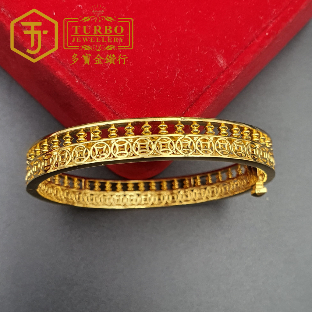 [916G] Money Abacus Oval Bangle – Front View Yellow Gold Bracelet Design