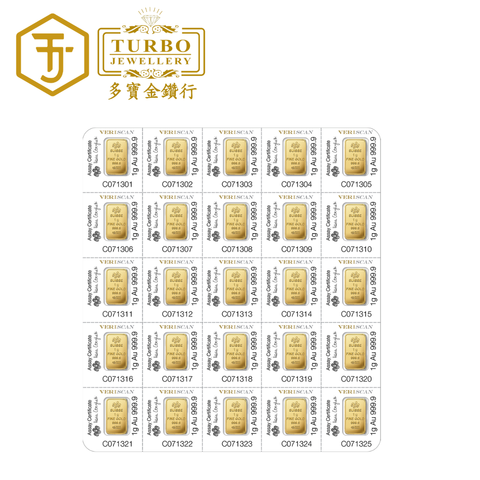 [25 x 1GM] PAMP Lady Fortuna MULTIGRAM Gold Bar 9999 Fine Gold – Back View with Assay Certificate