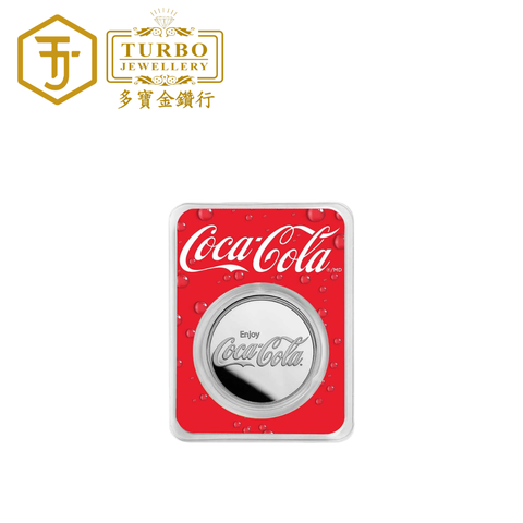 [1OZ] Coca-Cola® Struck Round Silver Round Coin 999 Fine Silver – Front View with Protective Packaging