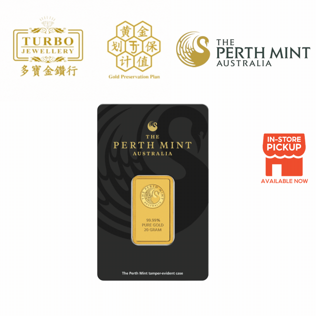 [20GM] Perth Mint Gold Bar 9999 Fine Gold – Front View with Assay Card
