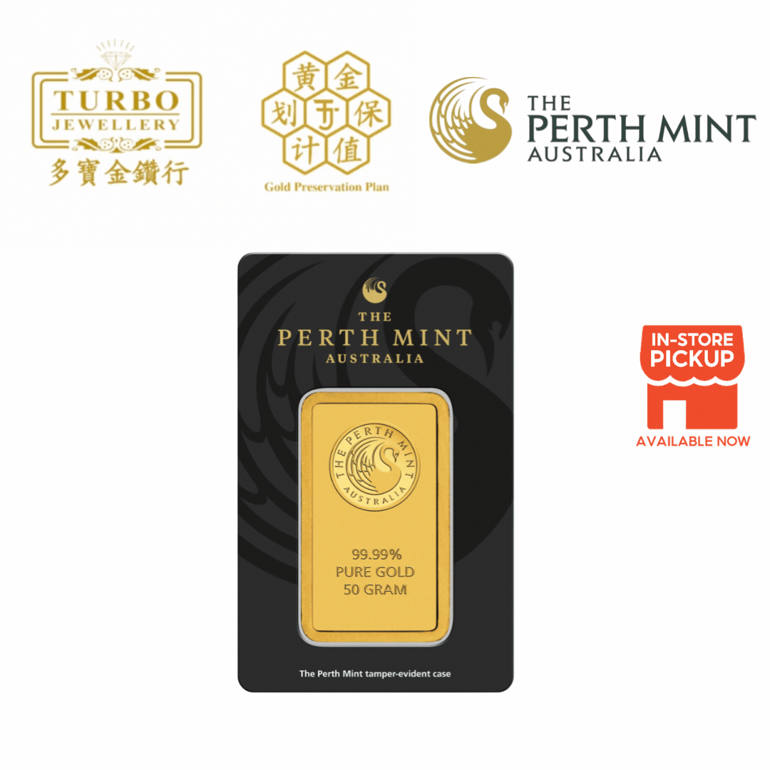 [50GM] Perth Mint Gold Bar 9999 Fine Gold – Front View with Assay Card