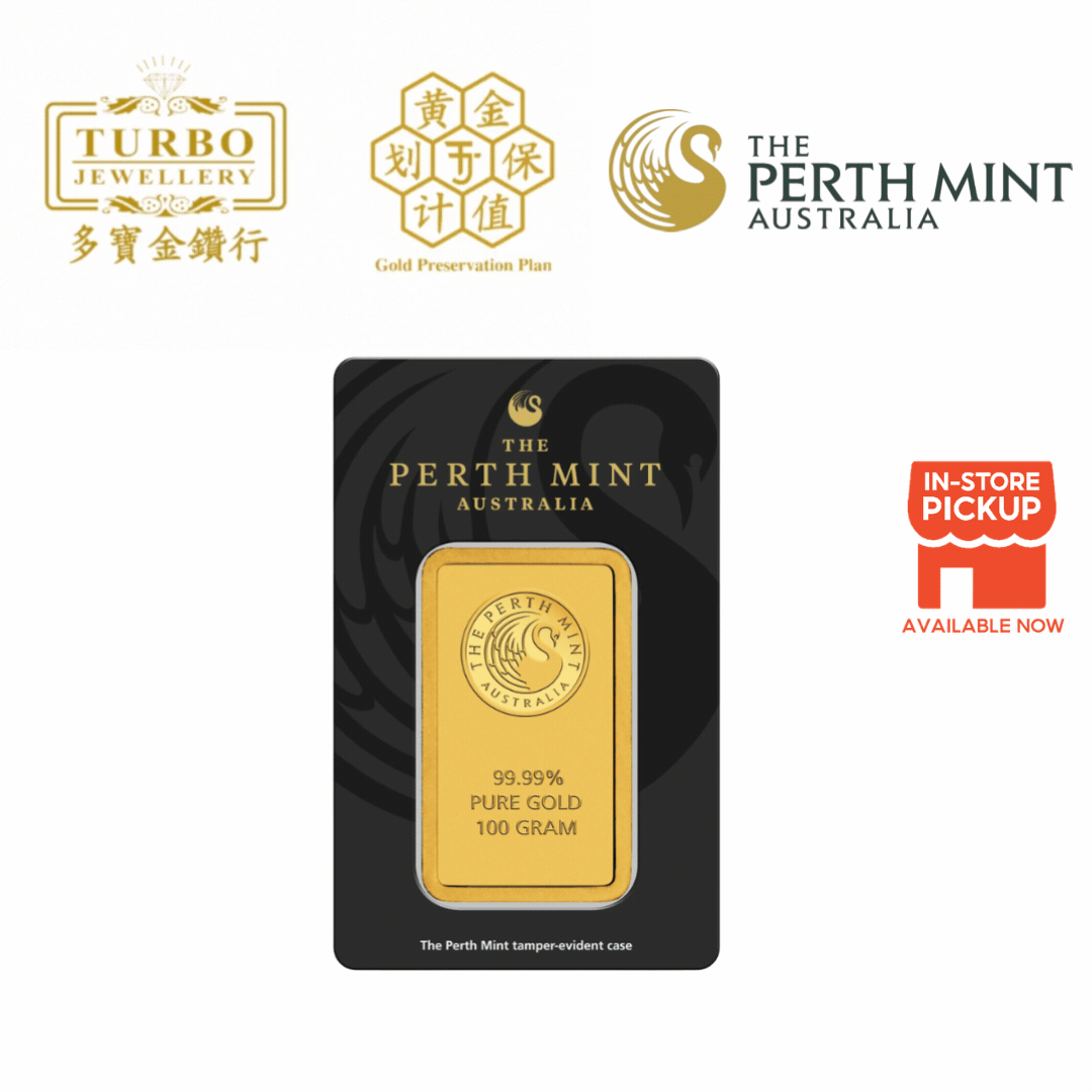 [100GM] Perth Mint Gold Bar 9999 Fine Gold – Front View with Assay Card