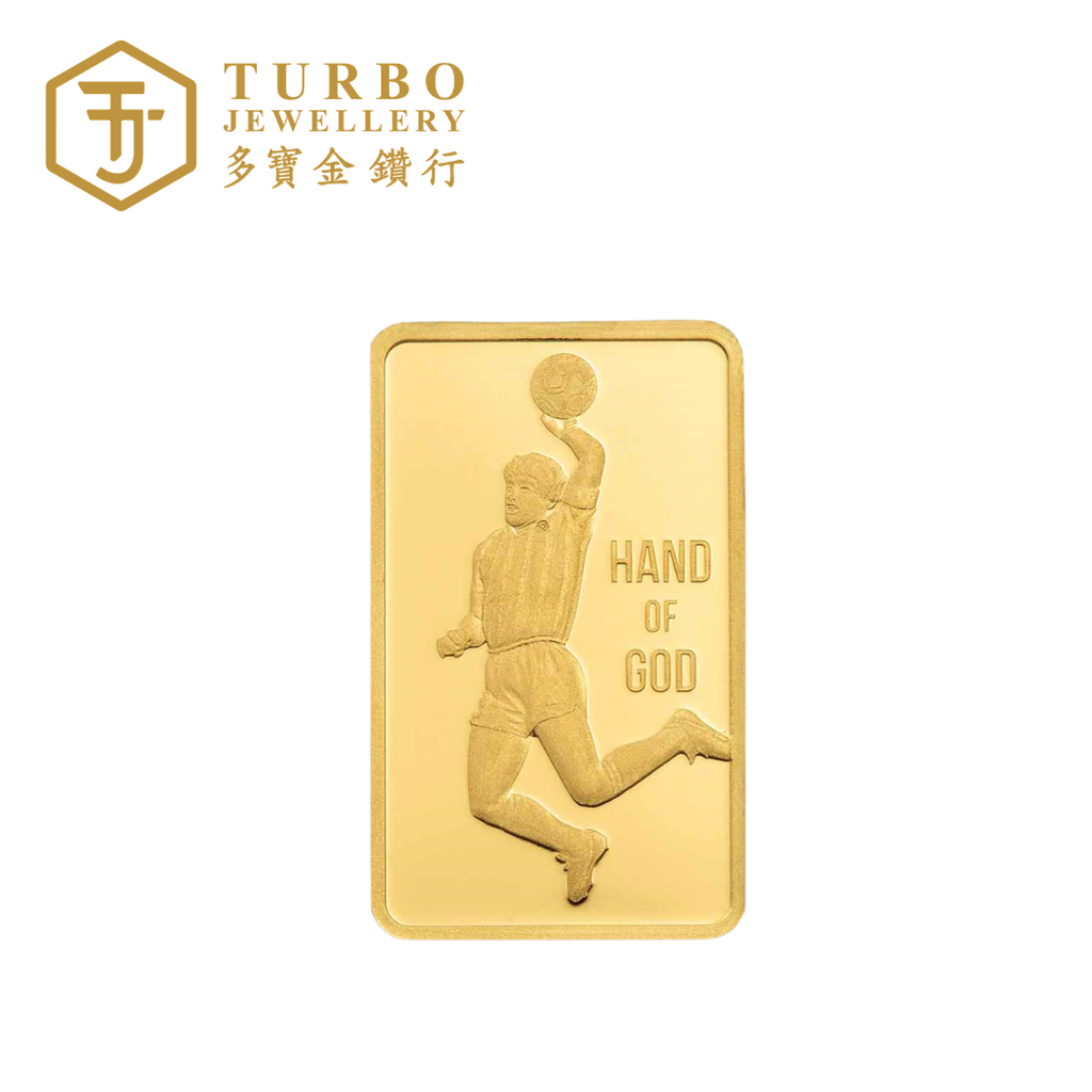 Front view of PAMP Diego Maradona 1GM gold bar featuring Hand of God design