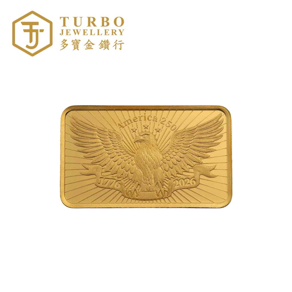Front view of PAMP America 250th Anniversary 2.5GM gold bar featuring bald eagle design