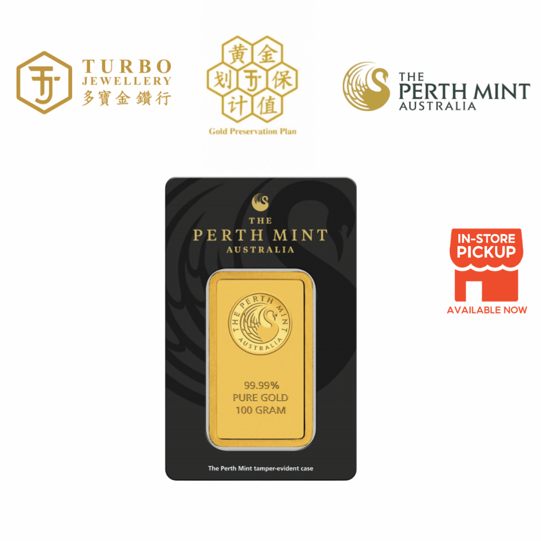 [100GM] Perth Mint Gold Bar 9999 Fine Gold – Front View with Assay Card