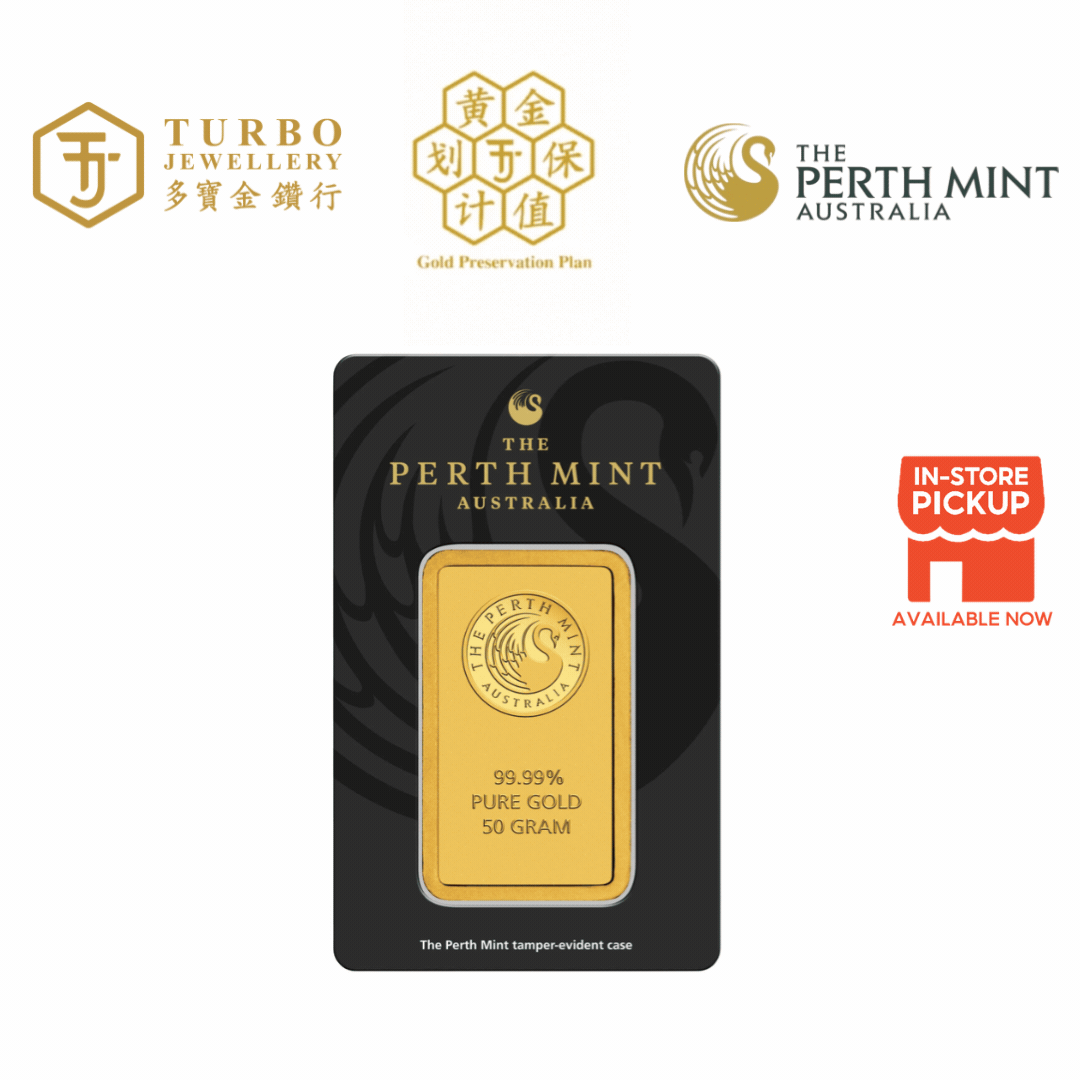 [50GM] Perth Mint Gold Bar 9999 Fine Gold – Front View with Assay Card