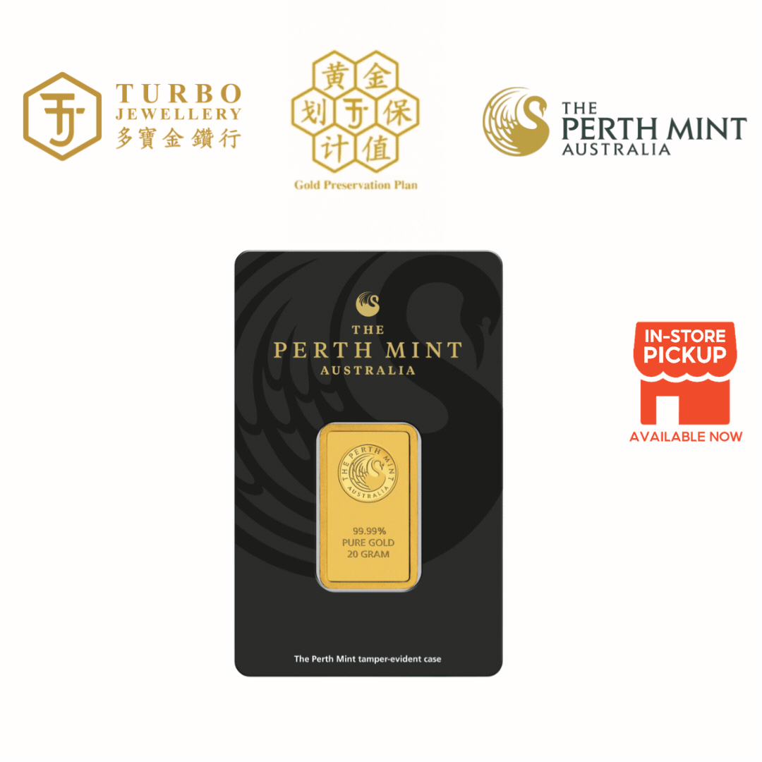 [20GM] Perth Mint Gold Bar 9999 Fine Gold – Front View with Assay Card