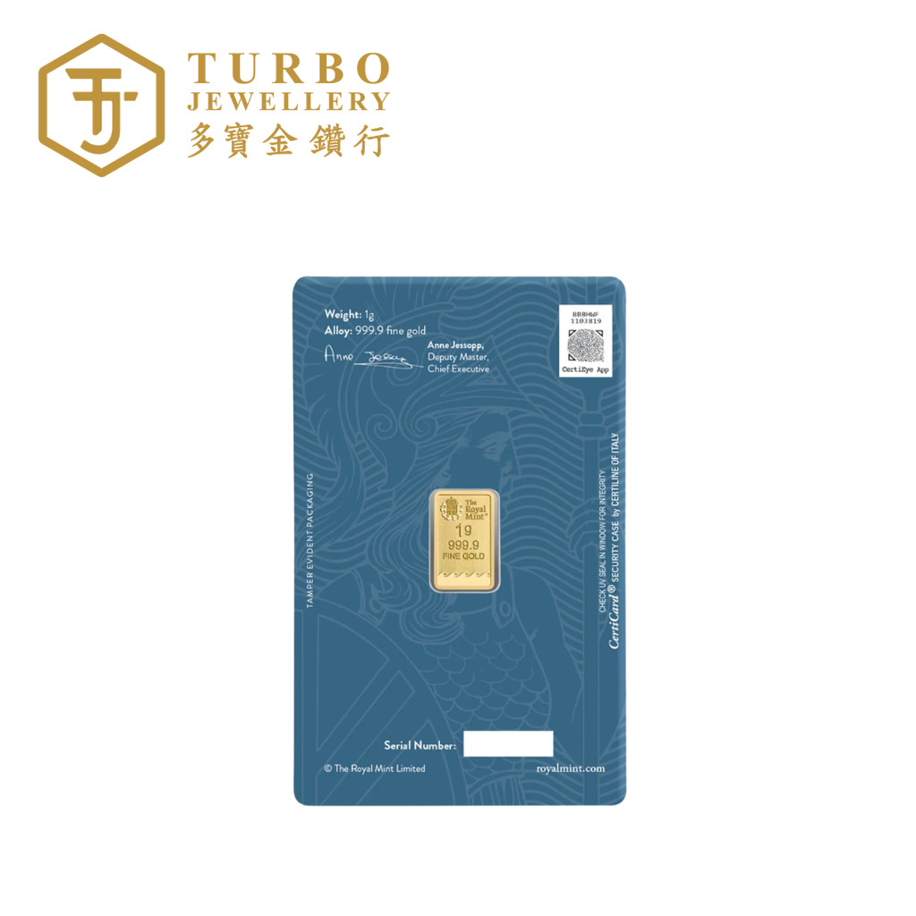 [1GM] Royal Mint Britannia Gold Bar 9999 Fine Gold – Back View with Assay Card