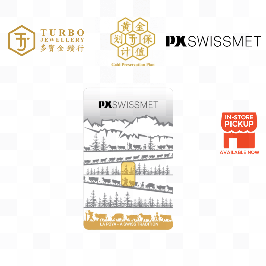 1GM La Poya PX Swissmet 999.9 gold minted bar in official packaging featuring Swiss Alps design