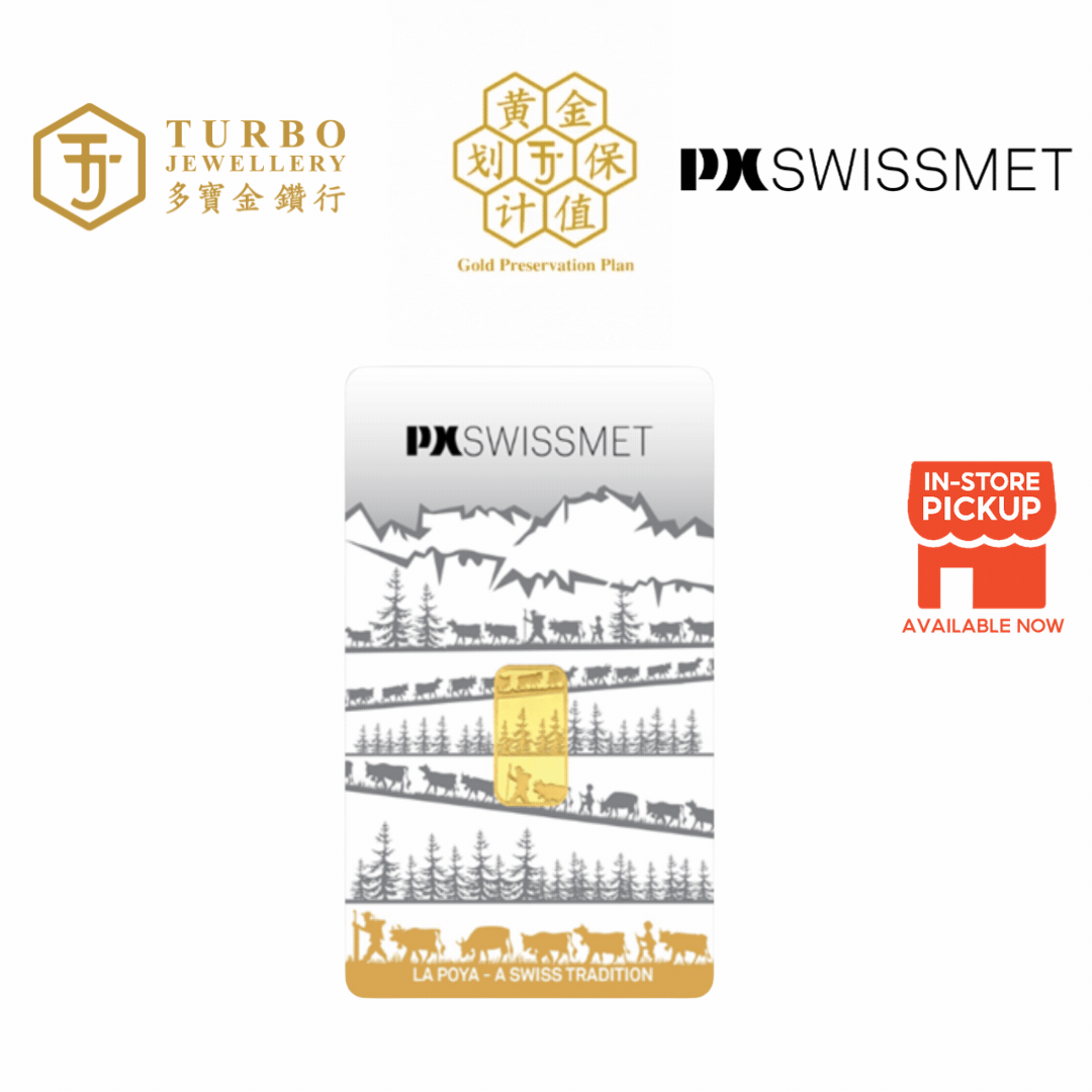 2GM La Poya PX Swissmet 999.9 gold minted bar in official packaging featuring Swiss Alps design