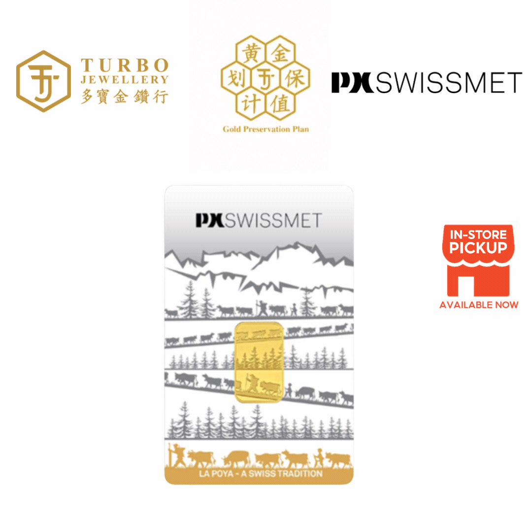 5GM La Poya PX Swissmet 999.9 gold minted bar in official packaging featuring Swiss Alps design