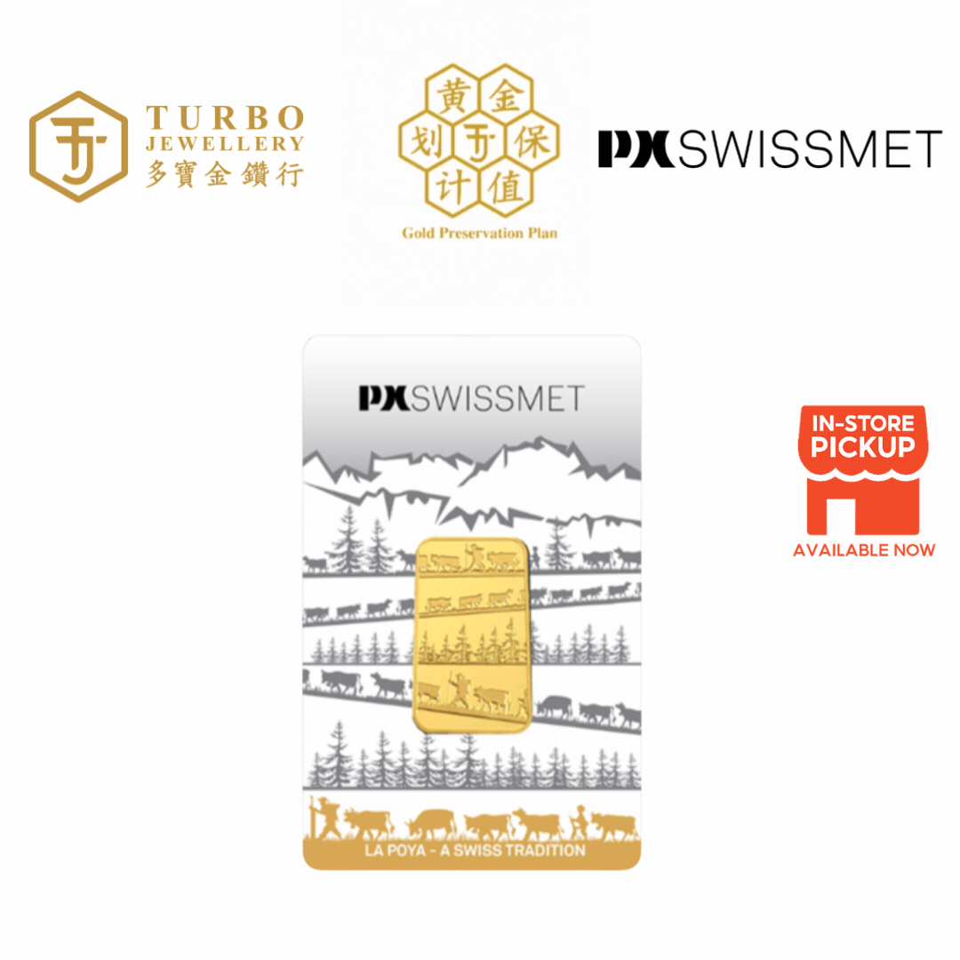 10GM La Poya PX Swissmet 999.9 gold minted bar in official packaging featuring Swiss Alps design