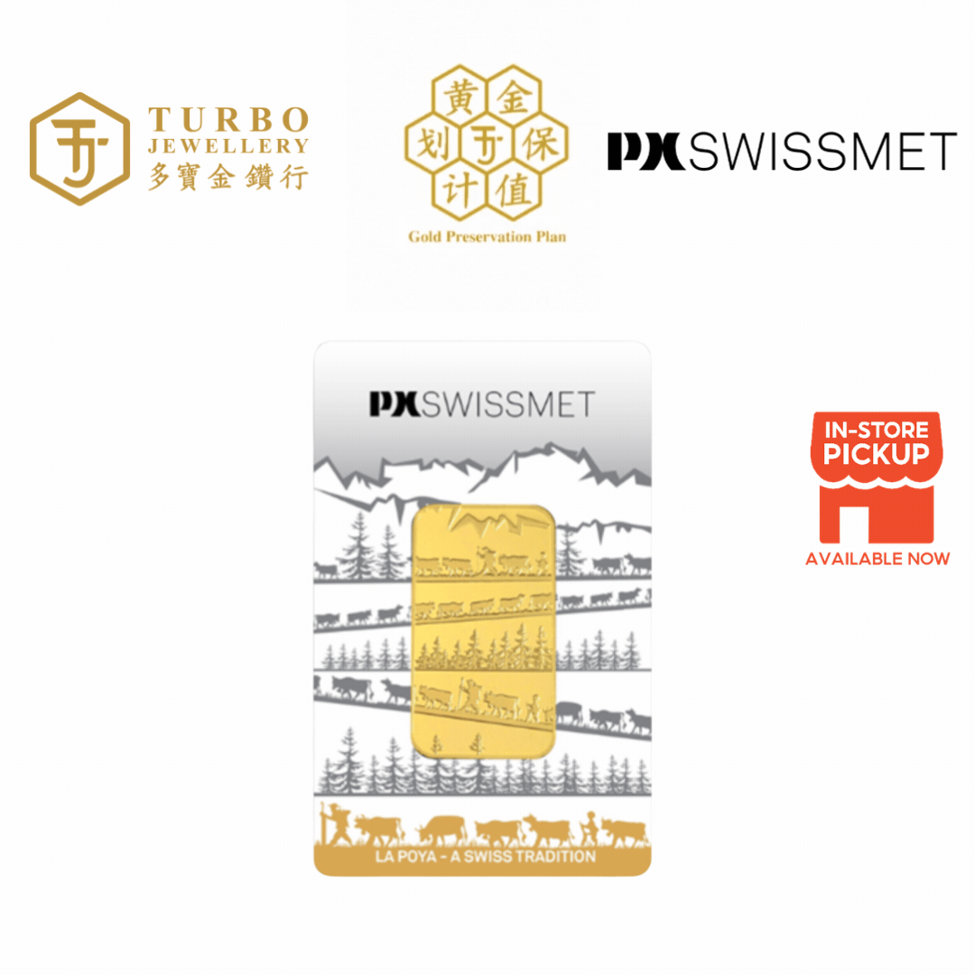20GM La Poya PX Swissmet 999.9 gold minted bar in official packaging featuring Swiss Alps design