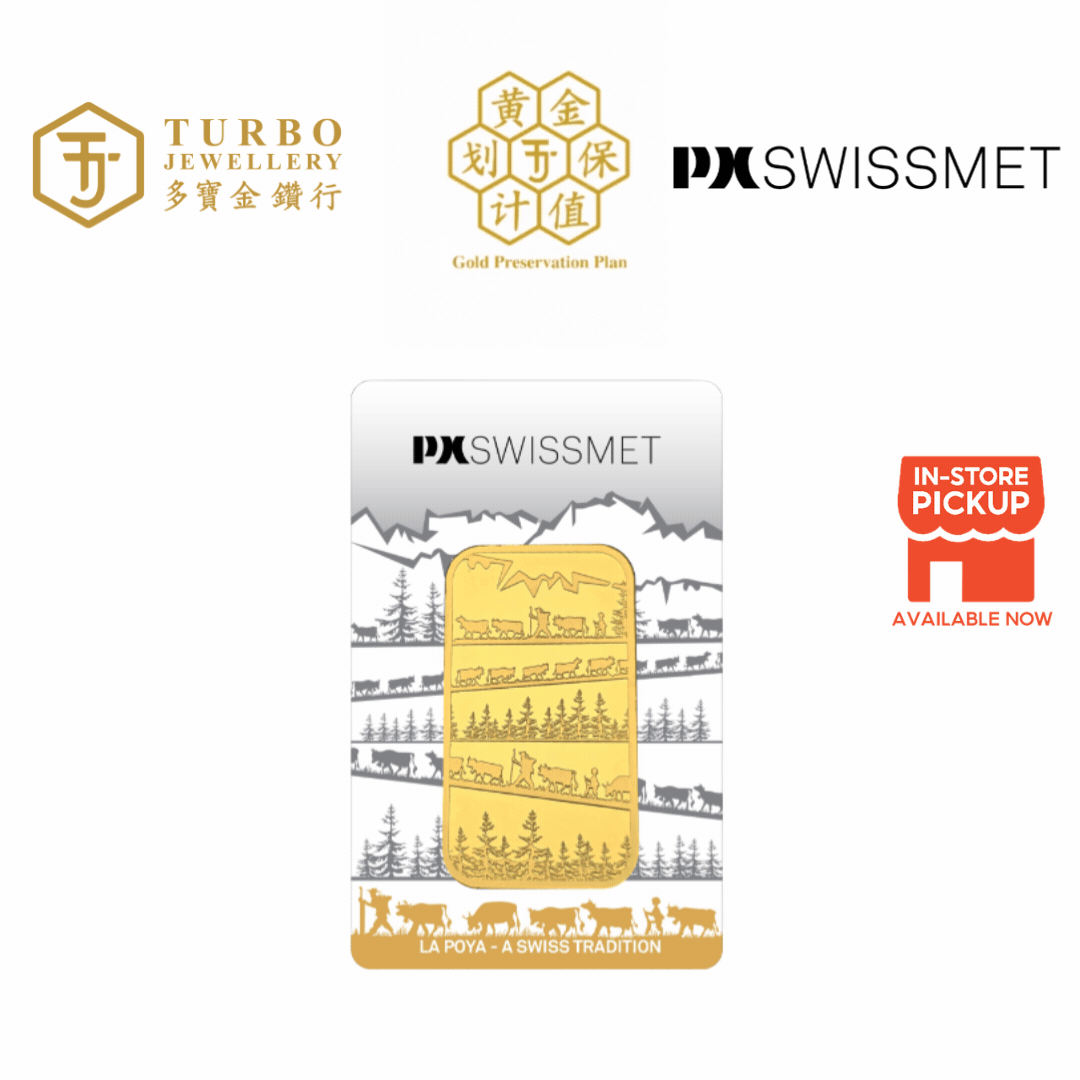 50GM La Poya PX Swissmet 999.9 gold minted bar in official packaging featuring Swiss Alps design