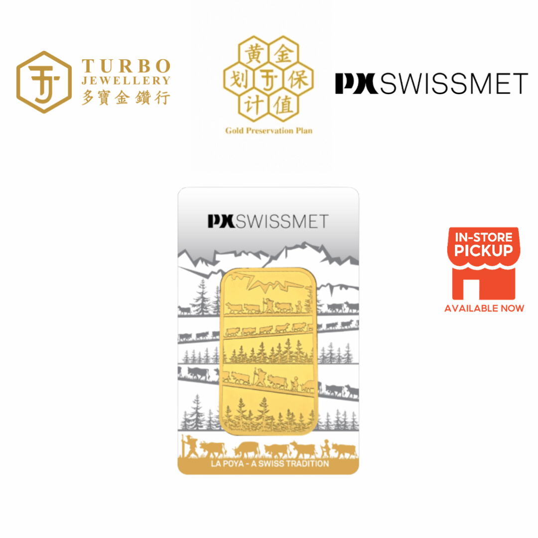 1GM La Poya PX Swissmet 999.9 gold minted bar in official packaging featuring Swiss Alps design