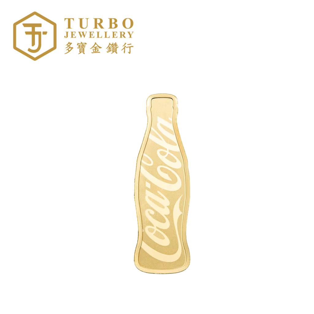 Front view of PAMP Coca-Cola 5GM 999.9 gold bar featuring bottle design