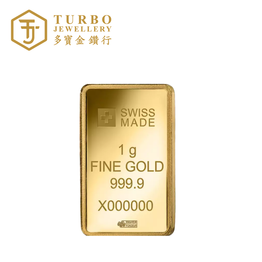 Back view of PAMP Switzerland Hermelin 1GM 999.9 fine gold bar with serial number
