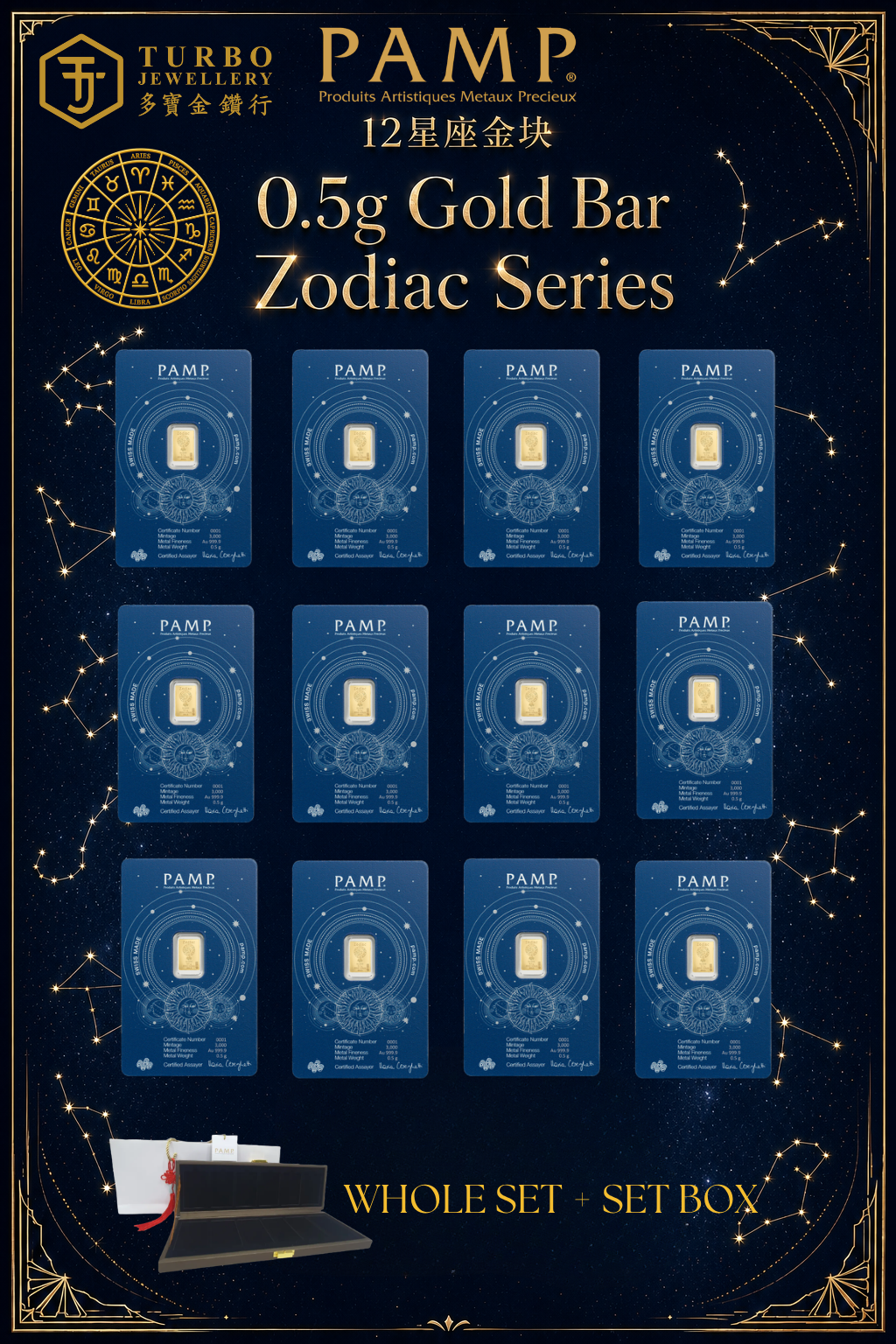Back of PAMP Zodiacs Set 6GM gold bar collection with 12 CertiPAMP assay cards