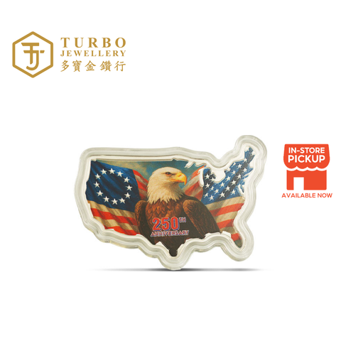 PAMP United States 250th Anniversary 1OZ 999.9 silver shaped coin featuring bald eagle and USA flag design