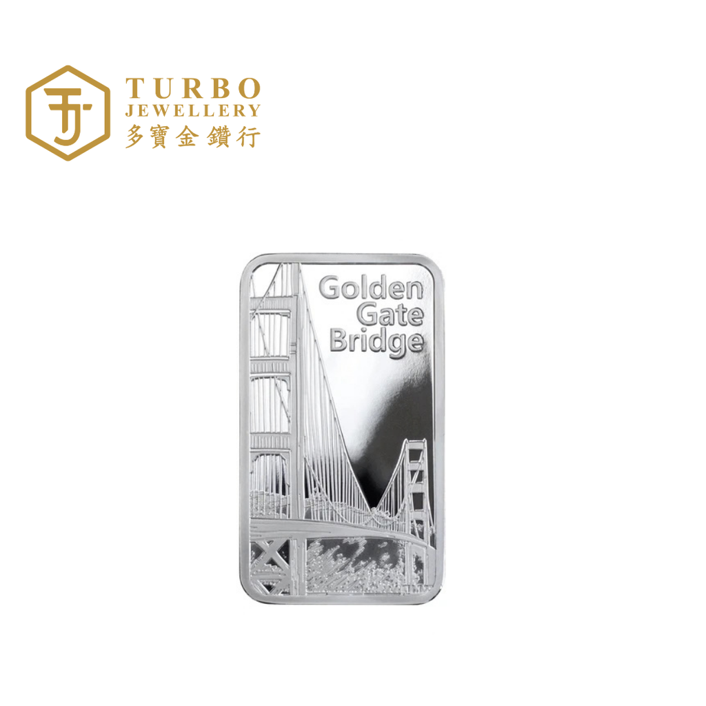 Front view of PAMP Golden Gate Bridge San Francisco 1OZ 999.9 silver minted bar