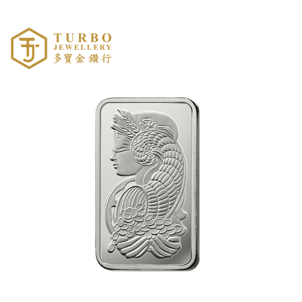 Front view of PAMP Lady Fortuna 1OZ 999.0 silver minted bar featuring Roman goddess design