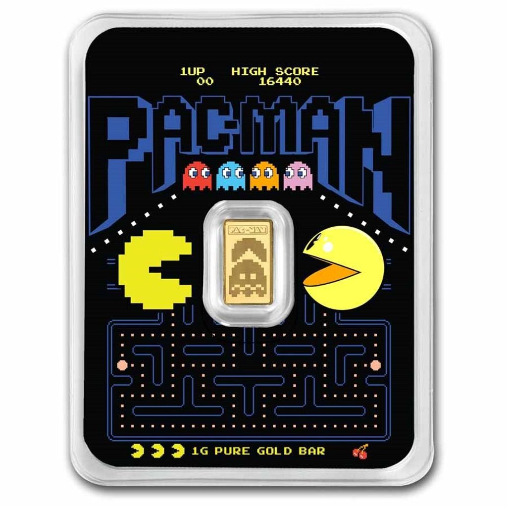 PAC-MAN 45th Anniversary 1g 9999 Gold Bar in Official TEP Packaging – Front Design