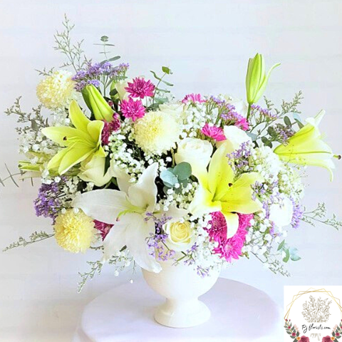 Yellow Daisy + Yellow Carnation + White and Purple Baby Breath