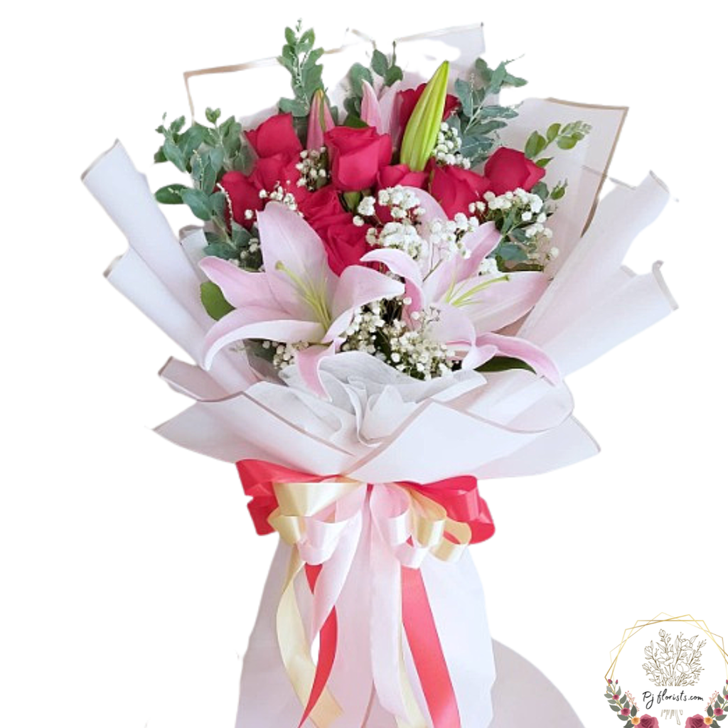 Pink Lily and Red Roses with white Baby Breath