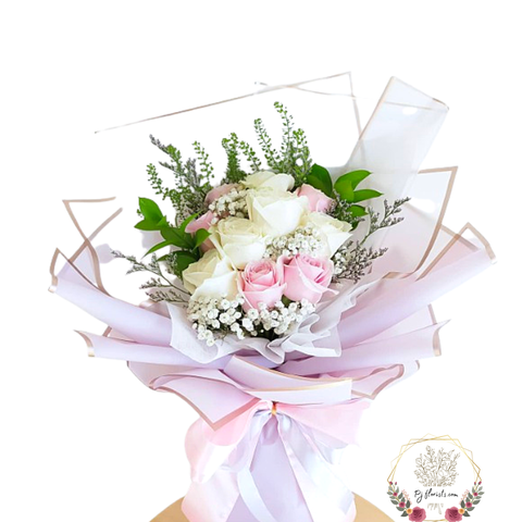 White and Pink Roses with White Baby Breath Bouquet