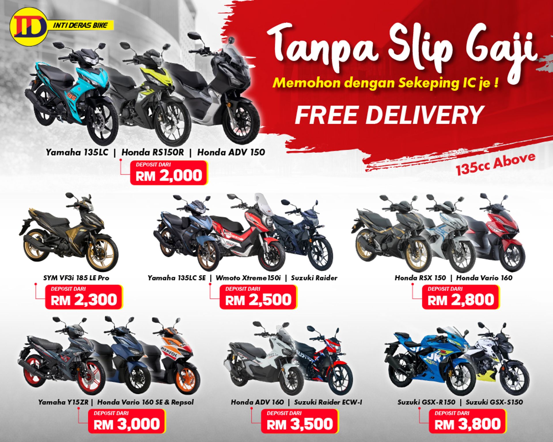 INTI DERAS BIKE SDN BHD (SEGAMAT JOHOR:ADA SERVIS PENGHANTARAN KHAS UNTUK SEMENANJUNG) - Memohon dengan sekeping IC je !