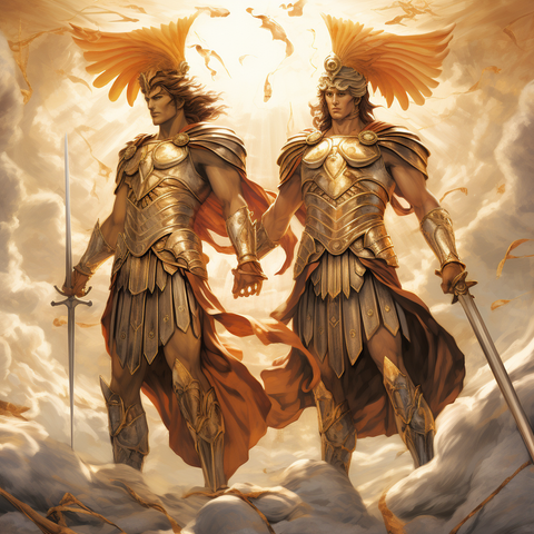 chaosmitt_Alexiares_and_Anicetus_Greek_twin_gods_standing_side__4df7926f-0d5d-42ac-acfe-2aa695fc8afe